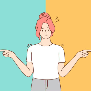 confused doubtful woman girl cartoon character standing and choosing between two colors or ways pointing in other sides